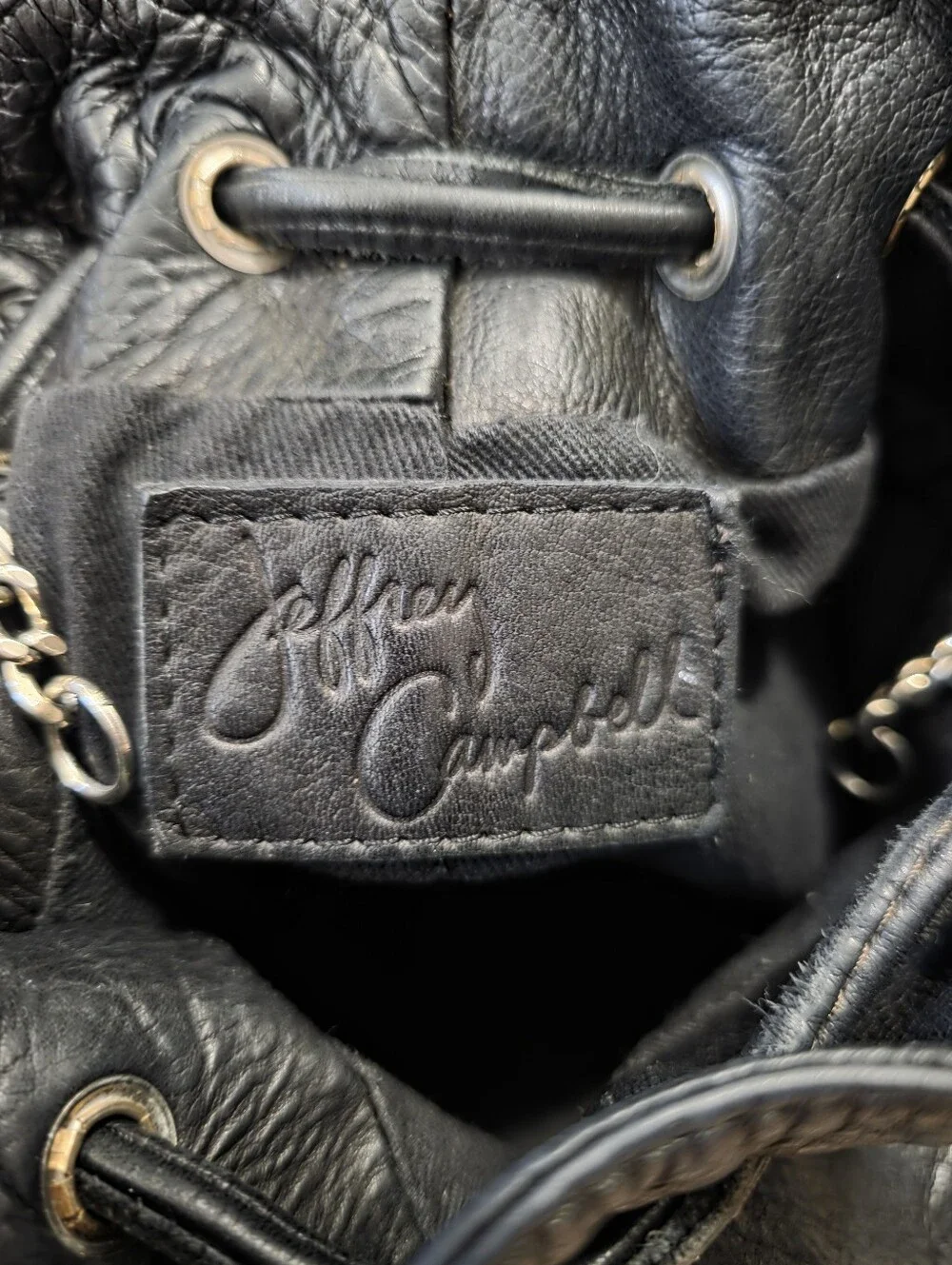 Vintage JEFFREY CAMPBELL Black Leather Drawstring Bucket Bag Gold Medusa Versace